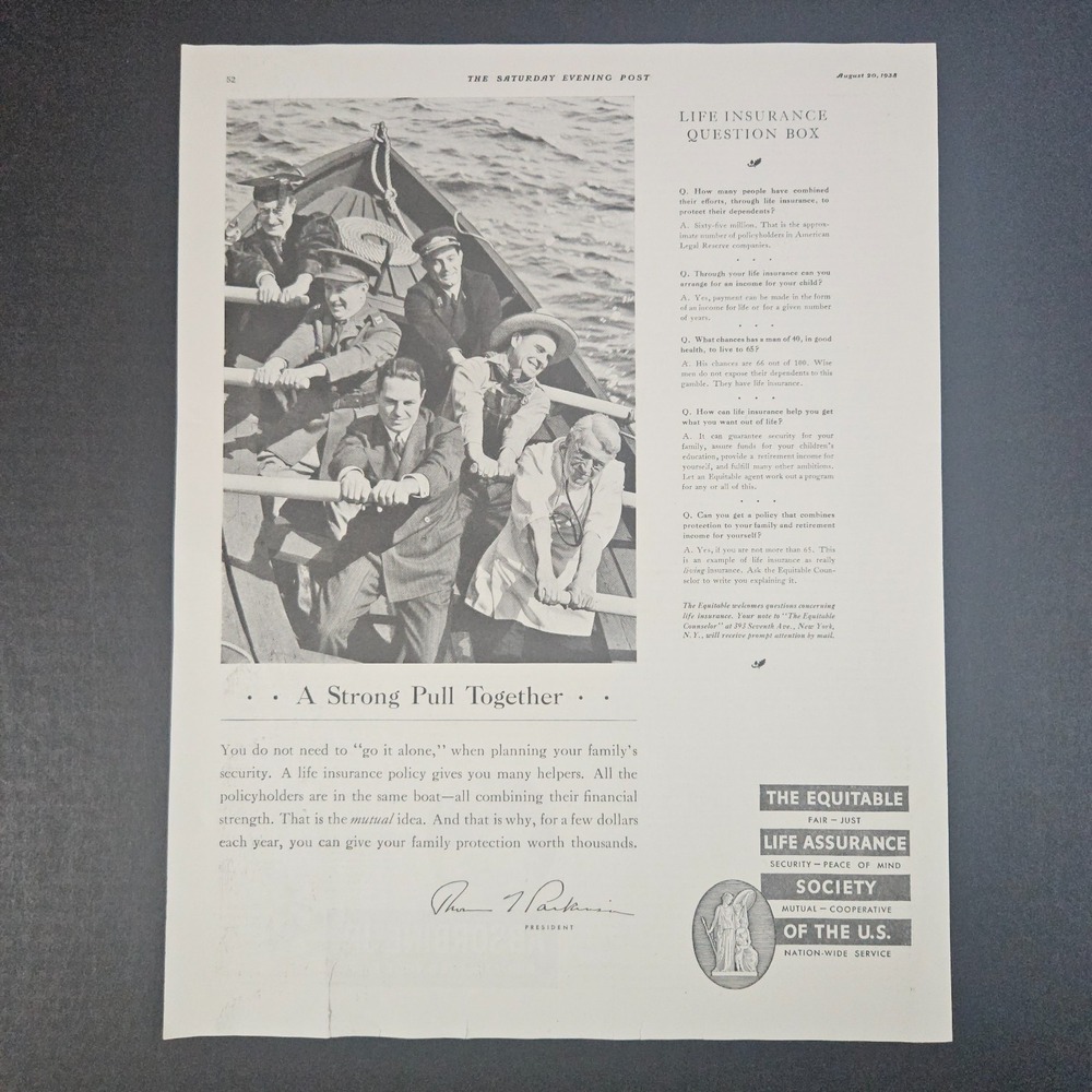 1938 Equitable Life Assurance Society of US Vintage Print Ad Rowboat Insurance